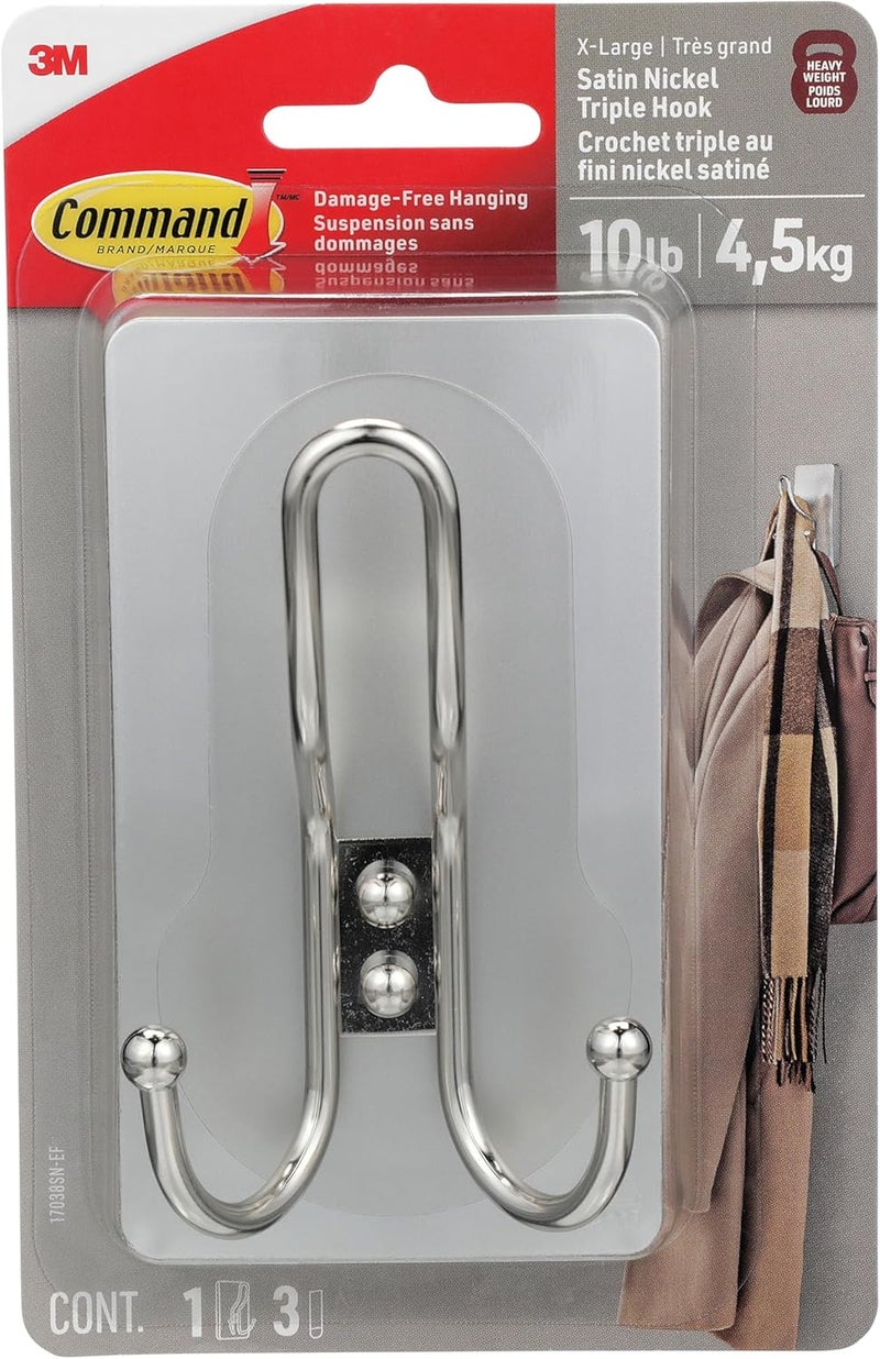 Command X-Large Satin Nickel Triple Hook, 1 Hook, 3 Strips, Damage-Free Hanging Wall Hooks with Adhesive Strips, No Tools Wall Hooks for Hanging Decorations in Living Spaces - Image 1